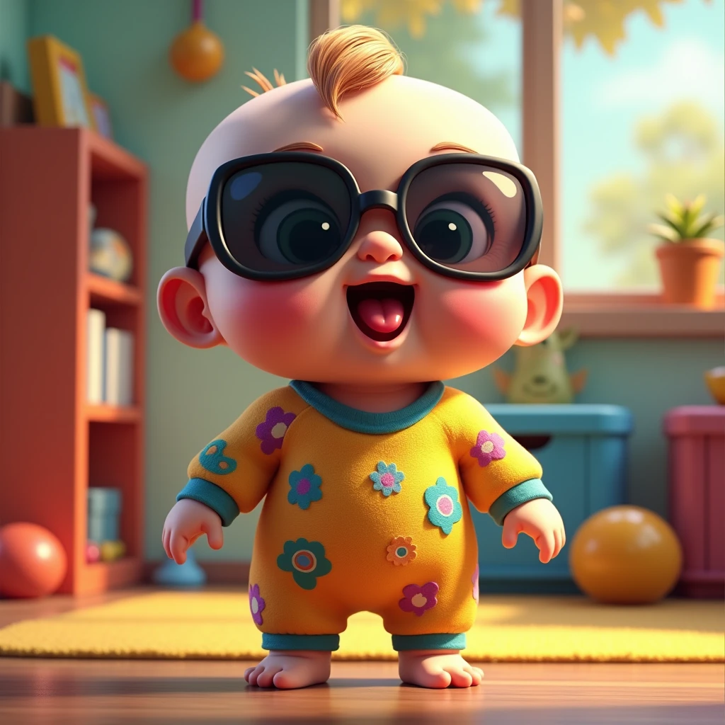 サングラスをかけて舌を出しているイケイケ赤ちゃん: "A highly detailed illustration of a wearing dark, reflective sunglasses, sticking out its tongue playfully. The babydressed in a fun, colorful onesie with bold patterns, and the background is a lively playroom filled with toys and bright colors, adding to the cheeky and energetic mood."