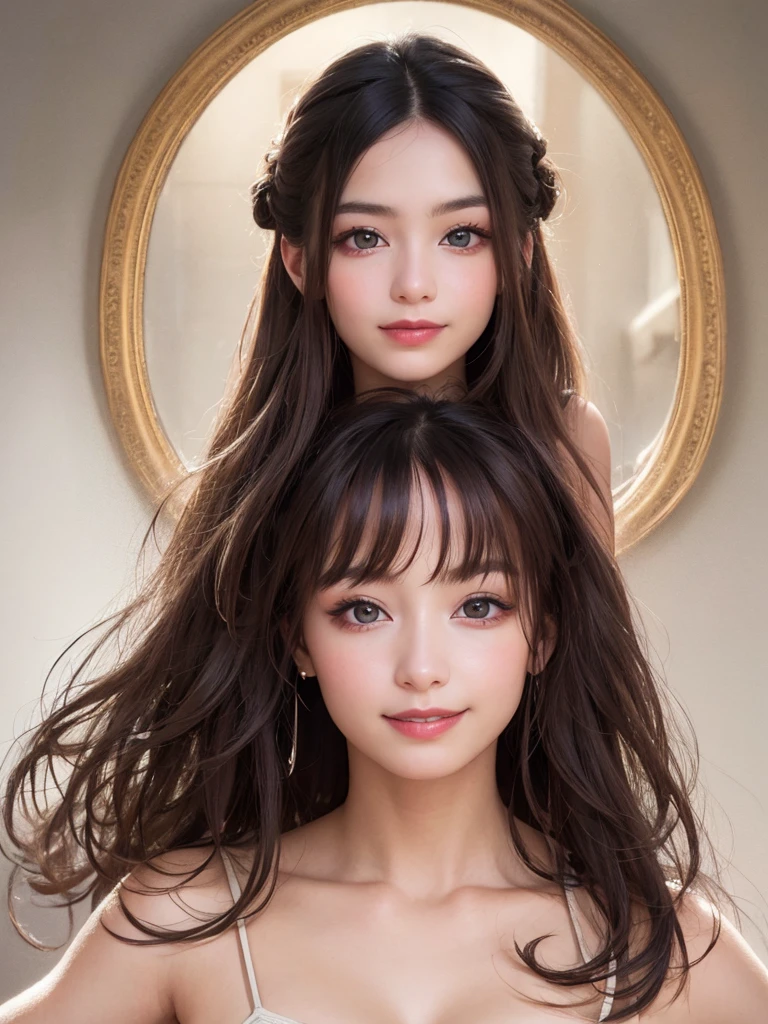 (Highest quality、8k、32K、masterpiece、Oil paints:1.2)、(Realistic)、(High resolution)、(Very detailed、Attention to detail、Rich skin detail)、Very young idol、Natural Makeup、独奏, One girl、Big eyes、Beautiful double eyelids、Round and small face、((smile))、half updo hair, perfect female body, large breasts, cleavage,Upper Body、