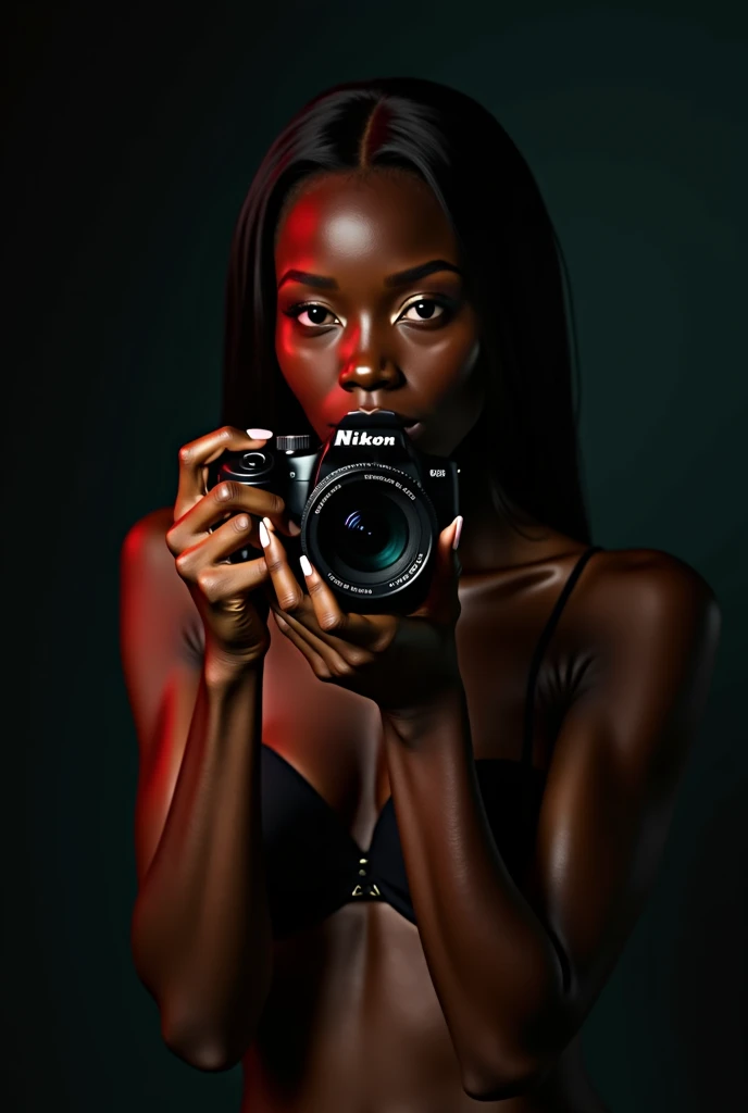 detailed beautiful young woman, dark ebony skin, stunning, realistic, photographing herself with a high-quality DSLR camera, product photography, sensual, semi-nude, studio lighting, 8k, photorealistic, hyperdetailed, cinematic composition, dramatic lighting, vivid colors, flawless skin, elegant pose, graceful movement, captivating expression, portrait, chiaroscuro, dramatic shadows
Estudio de fotografía fotografía de producto