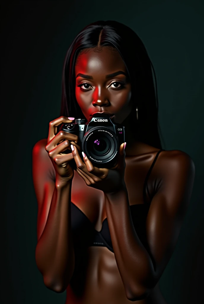 detailed beautiful young woman, dark ebony skin, stunning, realistic, photographing herself with a high-quality DSLR camera, product photography, sensual, semi-nude, studio lighting, 8k, photorealistic, hyperdetailed, cinematic composition, dramatic lighting, vivid colors, flawless skin, elegant pose, graceful movement, captivating expression, portrait, chiaroscuro, dramatic shadows
Estudio de fotografía fotografía de producto