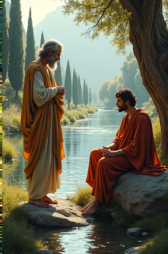 Create Thales of Miletus next to a river watching the water flow while talking to Anaximander who is sitting on a rock