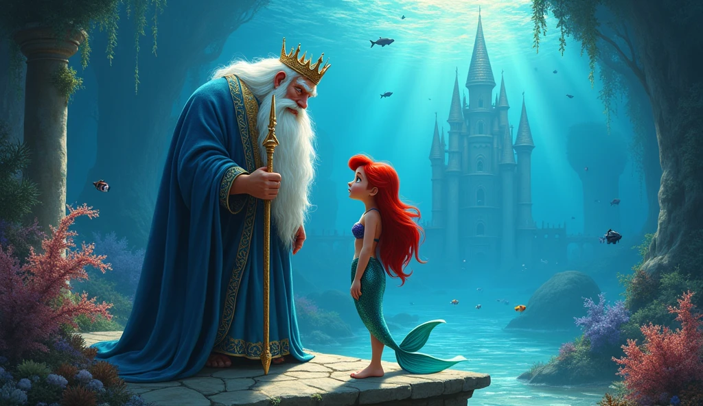King Triton talking to his mermaid daughter Ariel