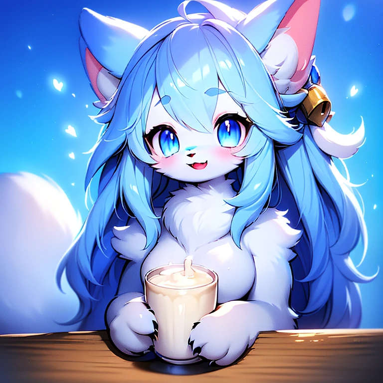 (Female) furry white fur dragon (Animal similar to humans)(Height 150)(white long Hair)(big paw,big Tail,big ear)(big Hairy Chest)(Wide Hips)(Long fur on the face)(blue Cyan eye)(Happy of love)(Effect blue sky)(Sucking milk from the other breast during female-to-female sex)(Milk on the breast, flowing milk)