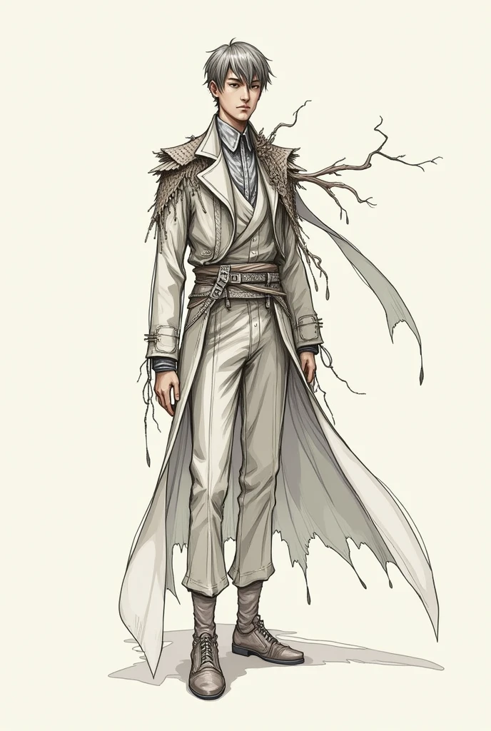 Make a male version Create an outfit for a fashion show with the following theme and inspiration pencil drawing style as a sketch of a drawing of a fashion outfit a little drawing style a little simple in the drawing style and more elaborate in the style of the outfit now to finish make it in the style of a sketch of a drawing of a dress/fashion clothing made by a human being make the style of the clothing a little more elaborate remember to put more fabric on the clothing don't forget the wings and roots now i want a men's version of the clothing try to sneeze in slightly old clothes make it like a sketch of a design of a fashion clothing for a fashion show :
theme: Roots and Wings Inspiration: This concept explores the duality between the roots that keep us anchored and the wings that allow us to fly.. The piece symbolizes the importance of recognizing our origins as we seek freedom and personal growth..