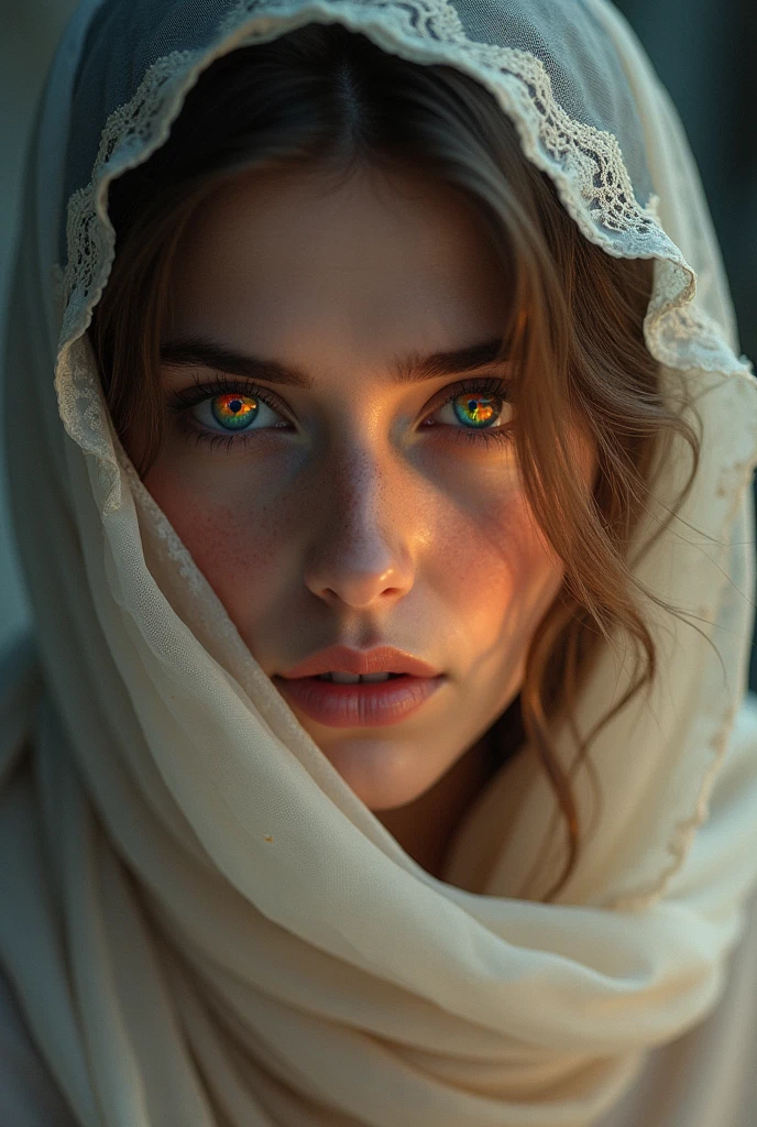 (GENERATES A FACE OF A WOMAN WITH SCARF EYES THAT REFLECTS A BEAUTIFUL SUNSET IN HER RIGHT EYE, WITH A HIGH DEFINITION)
