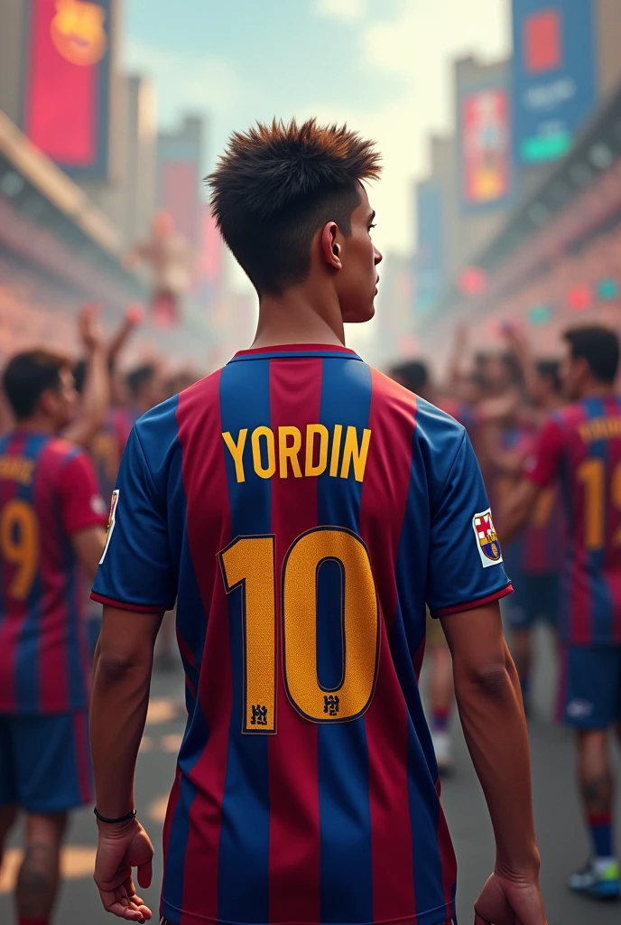 young man wearing a Barça shirt with the name Yordin and number 10