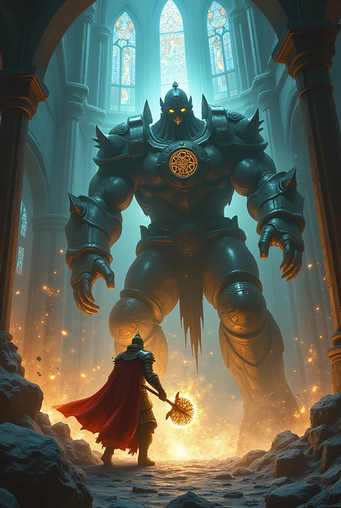 Crusader Paladin vs. Cursed Golem: A holy crusader paladin, adorned in radiant armor and wielding a blessed mace, clashes with a massive, cursed golem covered in runic symbols and dark energy. The setting is an ancient, ruined cathedral with eerie, flickering lights.