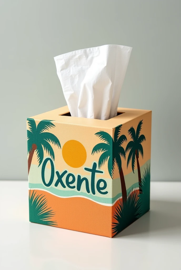 
paper tissue box with the name OXENTE with palm trees 