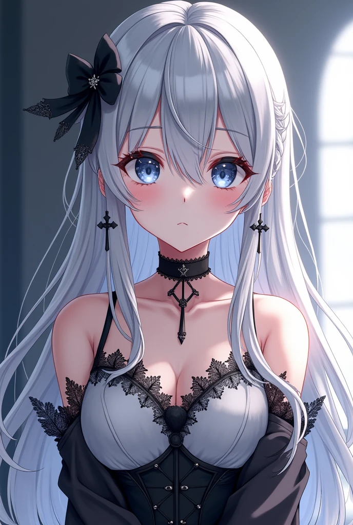 A stunning female anime character with long, flowing silver hair that cascades down her shoulders and back. She has delicate, pale skin and large, expressive eyes with a soft, serene expression. Her outfit is a mix of gothic and elegant, featuring a black lace choker, black and white dress, and cross-shaped earrings. Her hair is adorned with a small black bow and a unique hair accessory. The overall vibe of the character is ethereal and mysterious, with an air of quiet confidence and grace."