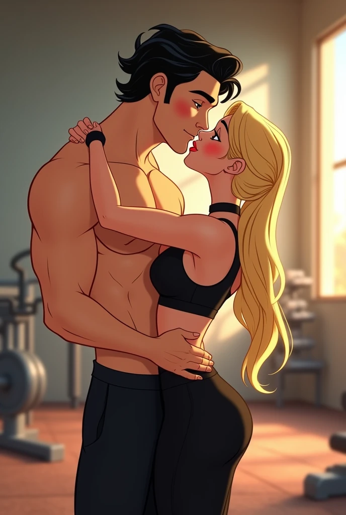 Disney style animated image of a couple in the gym. He is tall, white skinned, with black wavy hair, brown eyes and big muscles. She is blonde with long hair combed in a thin ponytail and they both have black sportswear on. They are hugging and kissing.