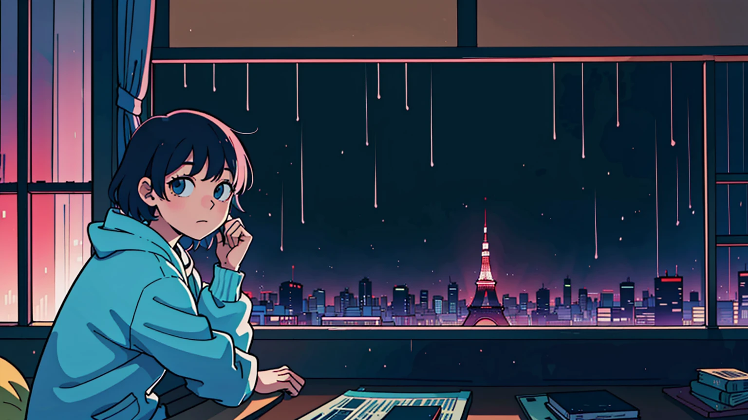 Someone is sitting on a bed infront windows, looking at tokyo tower. night Tokyo, night and rain, and looking out a window at the landscape passing by, Elogio Artstyle, Arte Lofi, lofi aesthetic, Lofi Sensation, Hip Hop Lofi,  , Retrato Lofi, lo fi, arte lo-fi, vibe, badass vibes , cores , lofi girl aesthetic