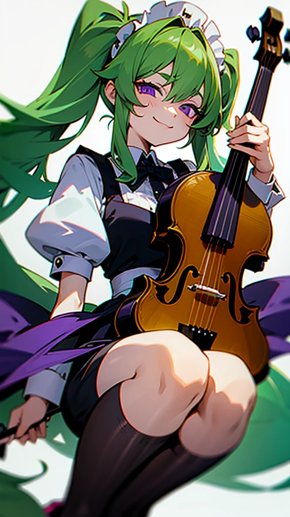 huge girl, green hair, long hair, pigtails hair, purple eyes, dim eyes, maid, smirk, violin