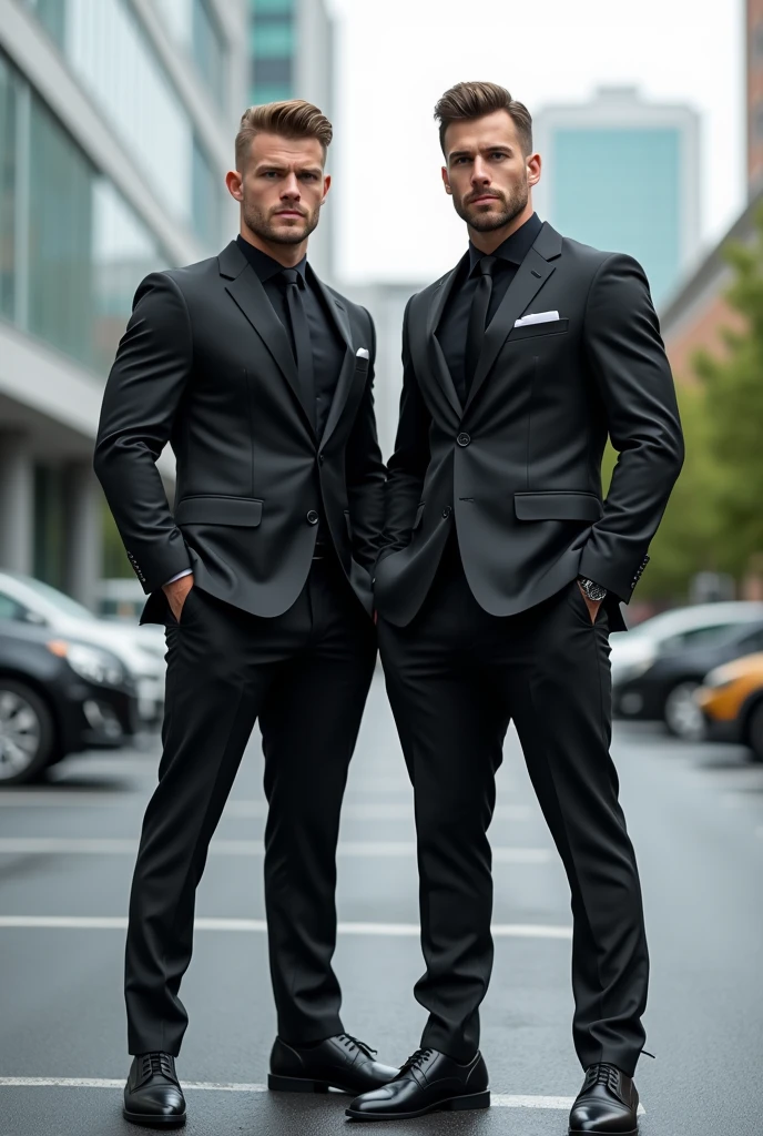 a 2 muscular boy stand in office parking with black professional suit
