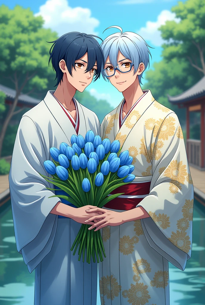 Create a gibli studio image of two men in yukata, One with navy blue hair and the other with light blue hair and holding a bouquet of blue tulips in his hand, that both have glasses and brown eyes, the background that is an environment in Japan 