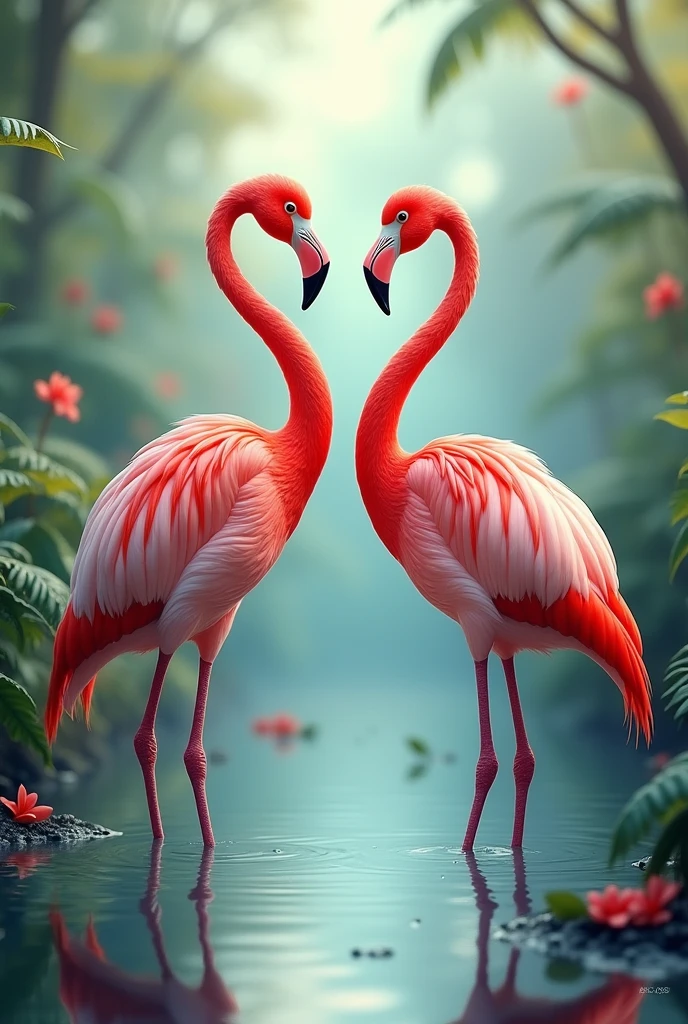 Two pink flamingos facing each other
