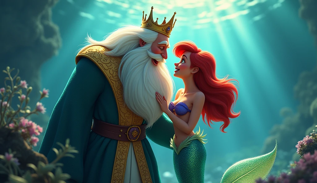 King Triton laughing with his mermaid daughter Ariel