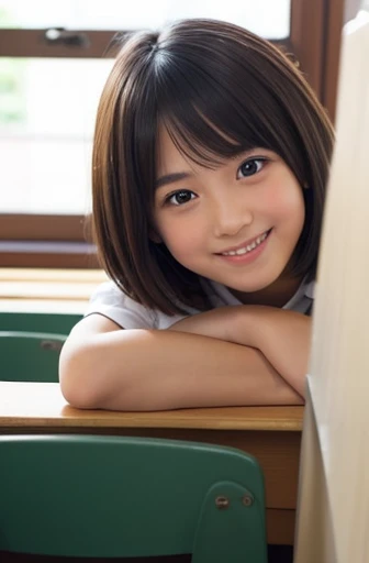 Beautiful girls 、short hair、smile、shy、cute、classroom、clear、20-year-old