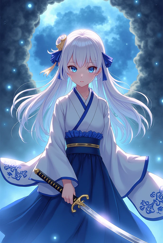 1 girl, Long hair, breasts, White hair with midnight blue highlights;blue eyes, loop hair, a celestial katana, a white haori with blue details, delicate and feminine, It must look like a character from Kimetsu no Yaiba