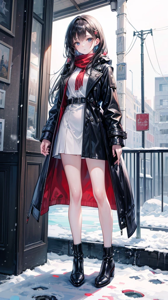 ((True best masterpiece, Ultimately perfect quality, Extremely delicate details)), A girl with leather long coat, Snowy, Winter, Full body