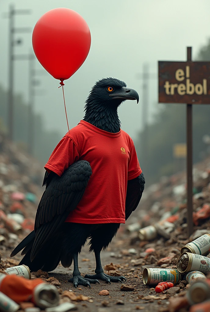 A black buzzard wearing a red T-shirt and holding a red ballon in a dump with a sign "EL TREBOL" on it