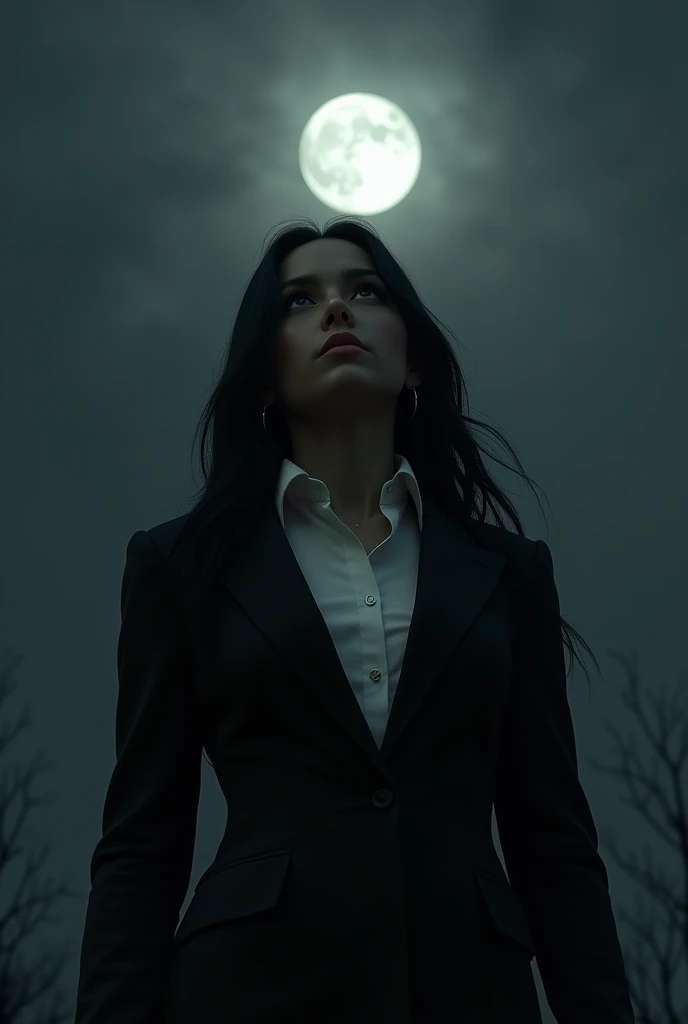 A dark background image with a mafia sound , a girl with grey eyes and black hair, dark skin and a slim figure wearing mafia clothes while looking at the moon