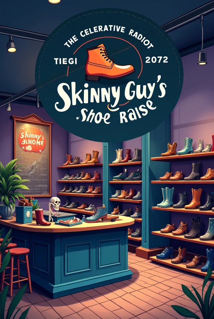 Slogan or logo for a shoe store,call  "the skinny guy&#39;s shoe raises" where you can see the varieties of women&#39;s shoes, knight and children, with the types of repair of the same, where shoes are displayed in shades of blue, grises, purples, oranges and somewhere on the shelf there is a small colored skull 
