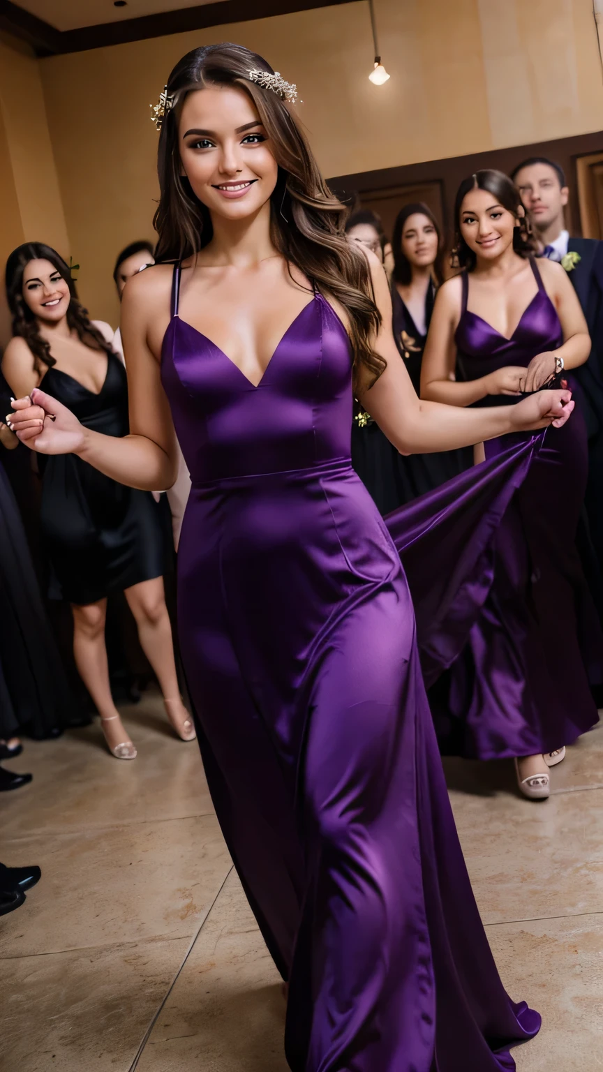 Realistic full body photo of a smiling, Young brunette girl with long hair, She dances in front of the camera in a long A-line bridesmaid dress with straps made of shiny purple satin., Park,glamour fotoshooting, Wedding celebration, perfect anatomy, perfect brown eyes. Perfect hands with 5 fingers on each hand, Matching girl, looking at the camera, 1 Frau. (Eye make up:1.1), (highly detailed skin:1.1), spirit, analog style, keen focus, 8K  UHD, dslr, good quality, Fujifilm XT3, Grain, Award-winning, ​masterpiece. Wedding celebration