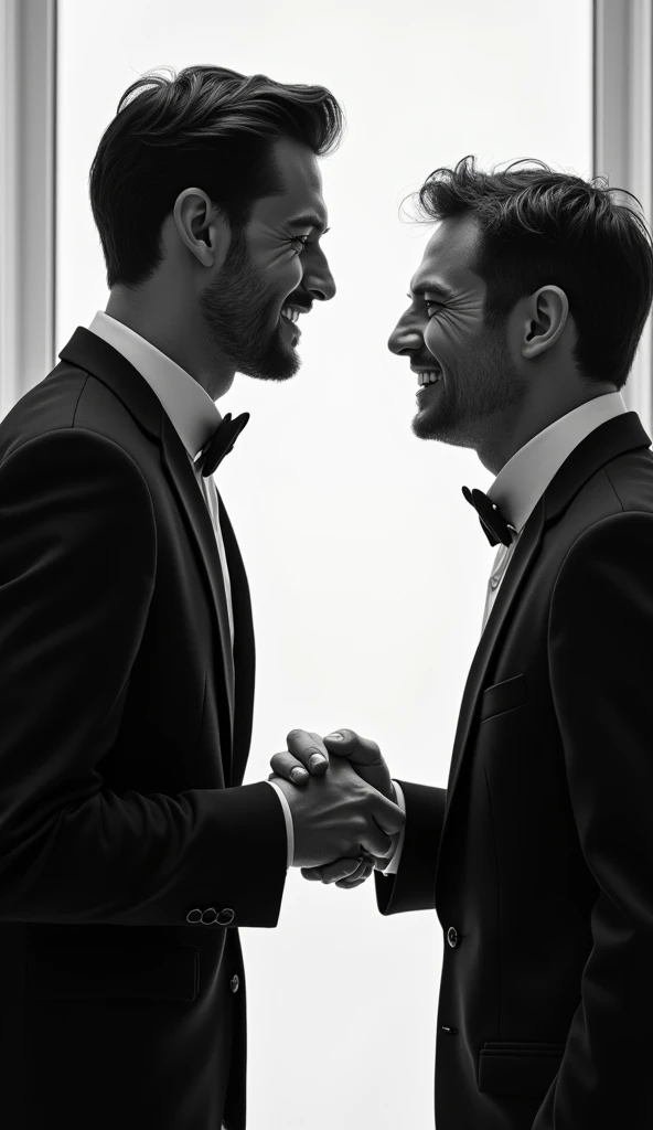 Image of tow people shaking hands one with a sly smile. Make the theme black and white. Make it vibrant and hyper realistic.