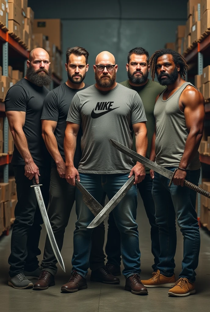 Four white men and one mulatto looking at the camera holding bladed weapons described below for each one ,being 1 bearded bald man with a cleaver, second with glasses beard and nike shirt with katana, third a tall bald white man without a beard with a viking body with a guts sword ,the fourth a chubby guy with hair and beard with a fishbone, fifth with strong nudreds hair and with sword, in the background of the image shelves and stock boxes