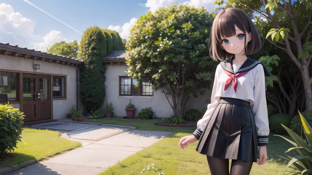 (masterpiece),  town,  blue sky,  One Girl,  smile,  alone,  Sailor suit、Long skirt,  Overgrown,  petal,  plant、Skirt lining、Translucent slip、nostalgic、Black Pantyhose