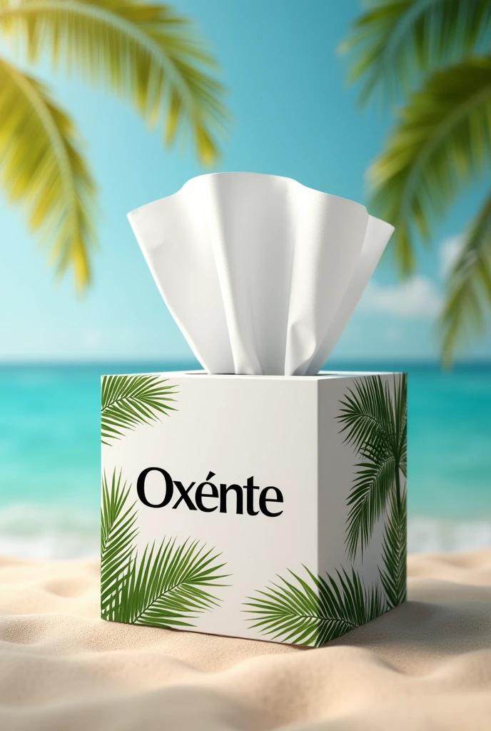 King size paper tissue box with the name OXENTE with palm trees