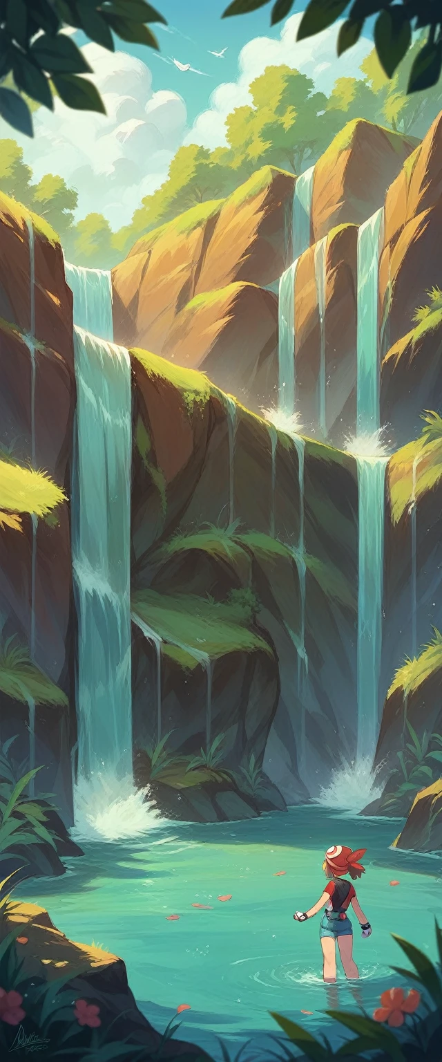 natural landscape, waterfall, wallpaper, misty, dawn, may, pokemon girls, 3 beautiful girls, high quality, original design,