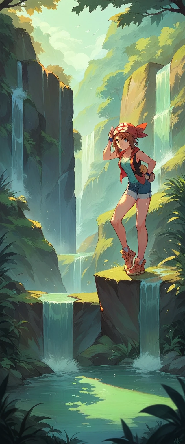 natural landscape, waterfall, wallpaper, misty, dawn, may, pokemon girls, 3 beautiful girls, high quality, original design,