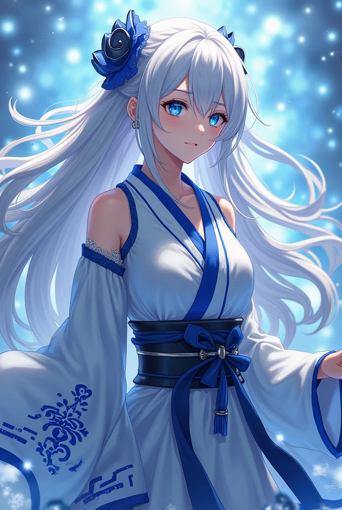 1 girl, Long hair, breasts, White hair with midnight blue highlights;blue eyes, loop hair, a celestial katana, a white haori with blue details, delicate and feminine, It must look like a character from Kimetsu no Yaiba