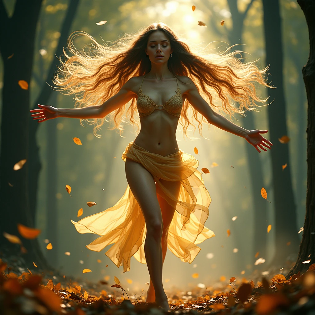 portrait character the body is made of air, air skin, air element Creature, dance with wind and leaves, beautiful, proud, high detail, masterpiece, long hair, With trees in the background, skin emits light, eyes emits light, athletic body, erotic outfit, lots of wind in her hair, in the trees and in the whole scene