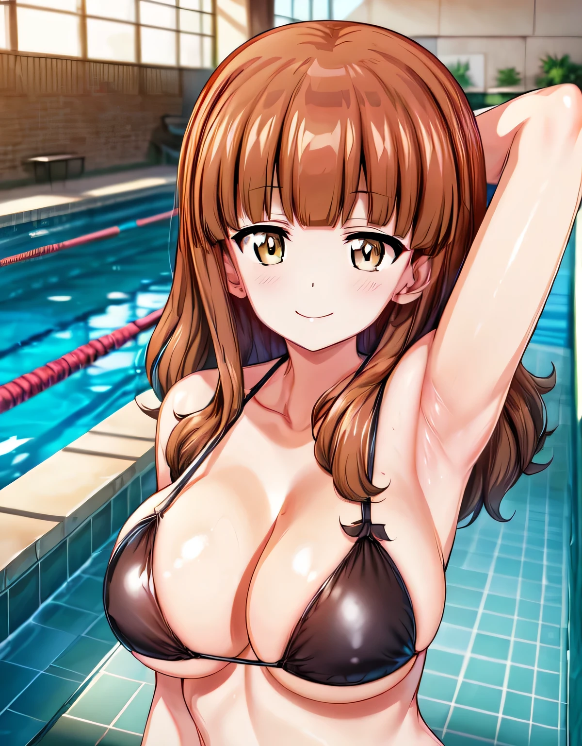 girls und panzer,takebesaori,(shiny black micro bikini),deep cleavage,(gorgeous indoor pool),(large breasts:1.55),(shiny,hair),((solo)),((masterpiece)),((best quality)),perfect anatomy,slim waist,perfect image,8k UHD,(beautiful detailed eyes:1.5),extremely detailed face,standing,(upper body:1.25),(look at the front:1.5),arms behindback,ultra-detailed,absurdres,highres,(yellow eyes),blush,(blunt bangs),(light brown hair),smile,