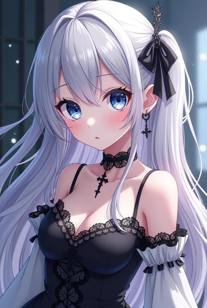 nsfw, 1 girl, ((detailed eyes)), ((bright eyes, red heterochromatic eye, blue heterochromatic eye)), long white hair, white cat ears, ((maid)), ((visible breasts, huge breasts , exposed breasts, visible nipples, exposed nipples, topless)), smiling expression, black thong, looking at viewer, blushing,