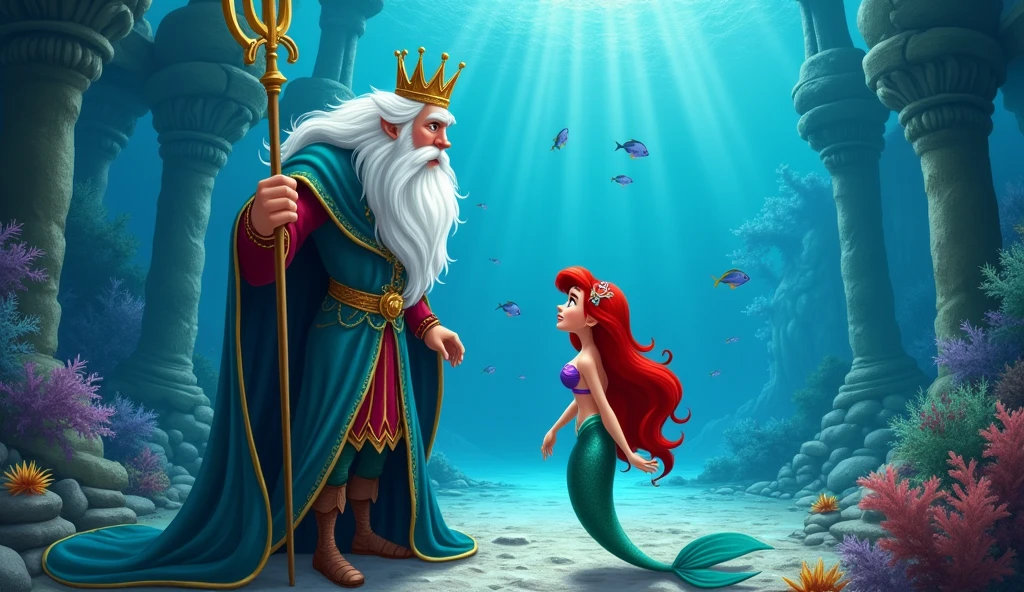 King Triton talking to his mermaid daughter Ariel