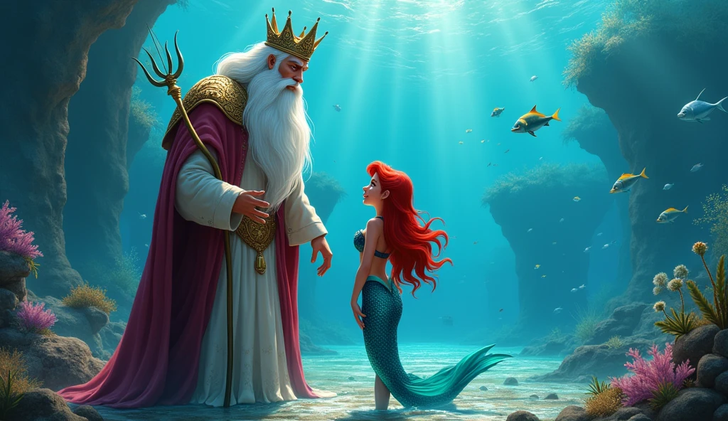 King Triton talking to his mermaid daughter Ariel