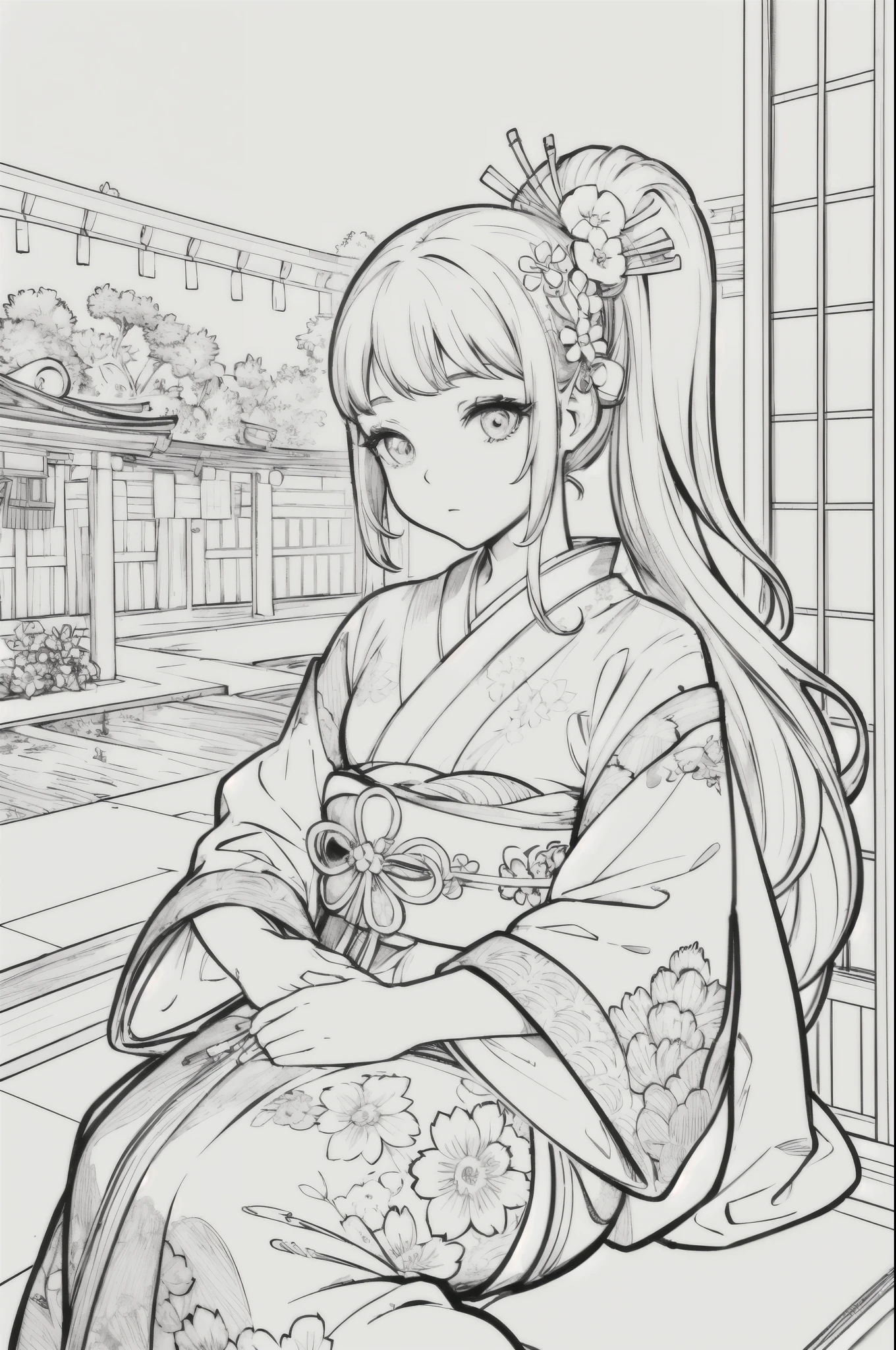 Masterpiece, top class, unique, cute, flowers, line drawing background, white background, monochrome, line drawing, ((sketch)), creepy, white eyes, create a monochrome coloring book that even adults can easily do, a realistic and cute ukiyo-e of a girl wearing a kimono, model pose, sitting on a veranda with a Japanese garden as the background, conveying Japanese culture.