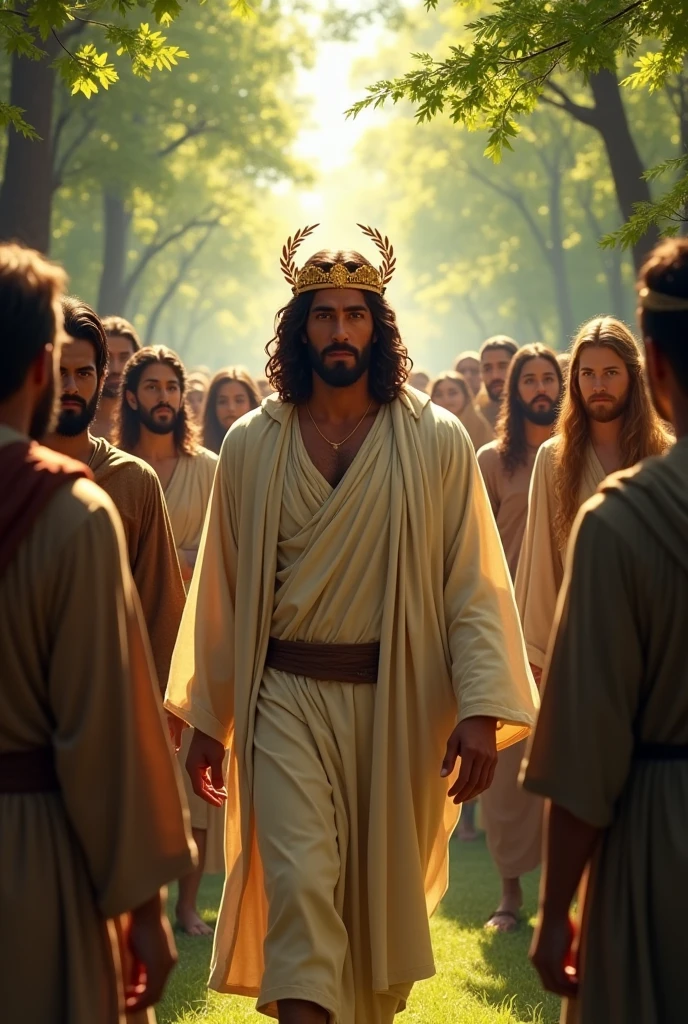 Jesus depicted with light brown skin, long, curly, dark brown hair, short beard, eyes browns, strong facial features,  wearing a golden crown and walking among the crowd of faithful of the time in the middle of the forest. 