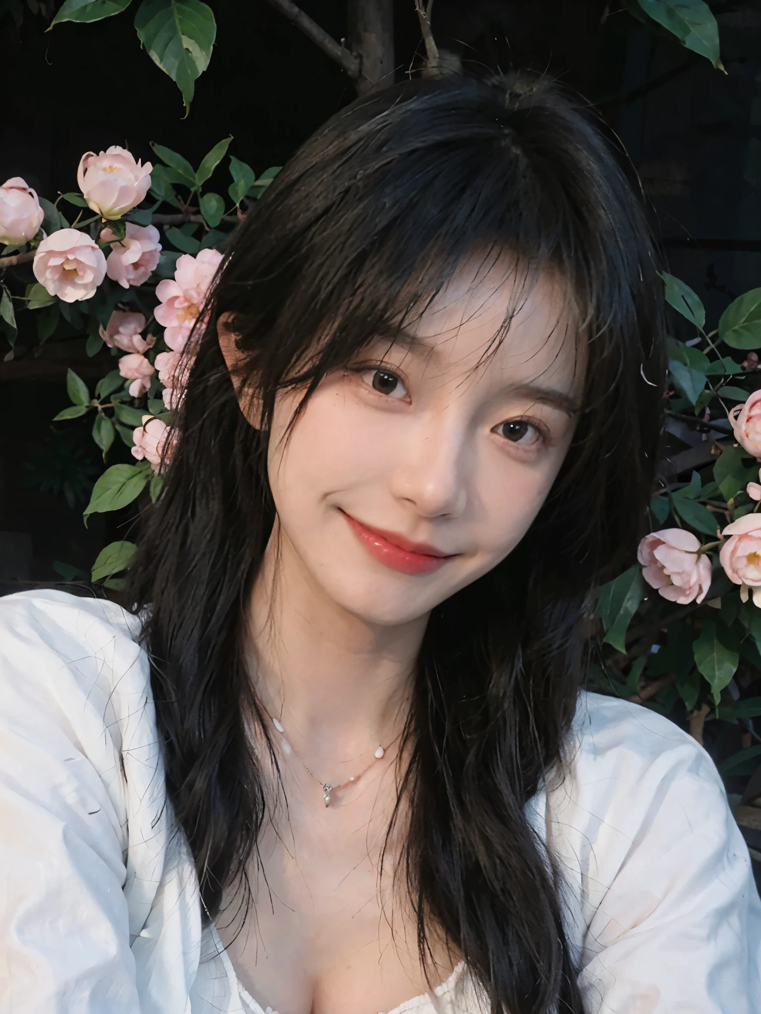 best qualtiy, Ultra-high resolution, (realisticlying:1.4),cute hairpin,Baoyu Girl,European style apartment,(flatchest:1.2) ,A pair of clear and moving peach blossom eyes,Royal Sister,sunshine on face,Big waves,(ln the forest:1.4),(choker necklace:1.2),(Fair skin:1.4),a sense of atmosphere,a beauty girl, ssmile,head straight-looking at viewer, closeup cleavage ,(Photorealistic:1.4),1girll,sexly,(Upper body:1.4),(Wet body),(:1.2)