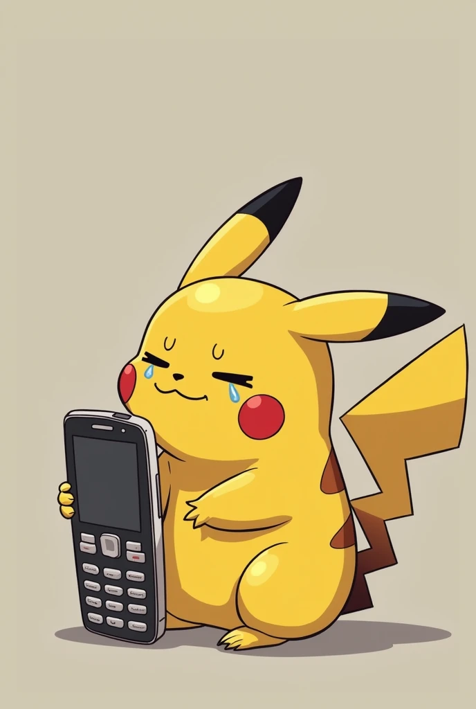 Sad Pikachu crying tears while holding a Samsung j1 mine in black and white in pokemon animation