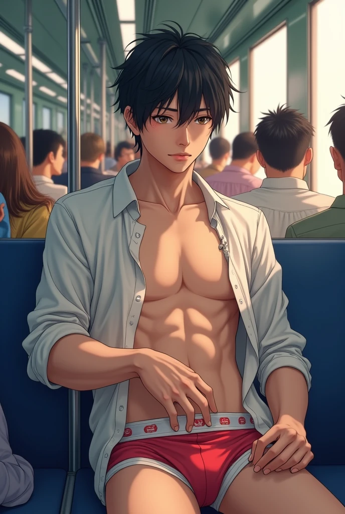 Realistic、Cute handsome man、Idol face、、Japanese、Slim body、Mash Hair、Torn and open shirt、Six-pack、A crowded train、Colorful thin boxer briefs、The old man next door puts his hand inside his briefs、Being touched all over the body、Old man grabs bulge in boxer briefs、The old man next to me touches my boxer briefs、Sad look