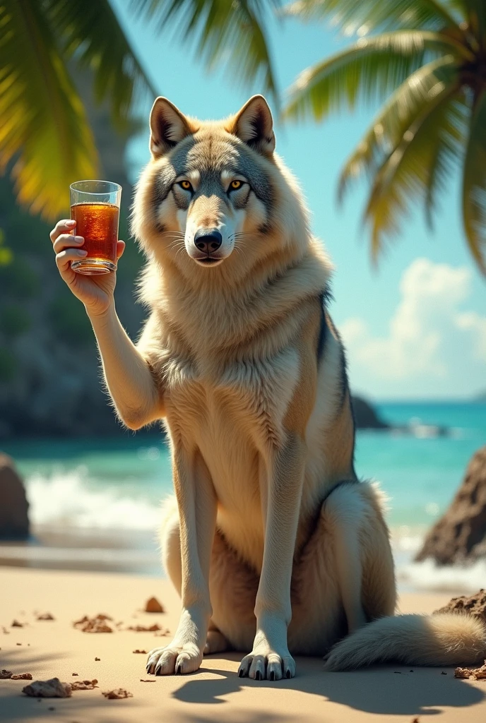 wolf drinking Hennessy on small beach island