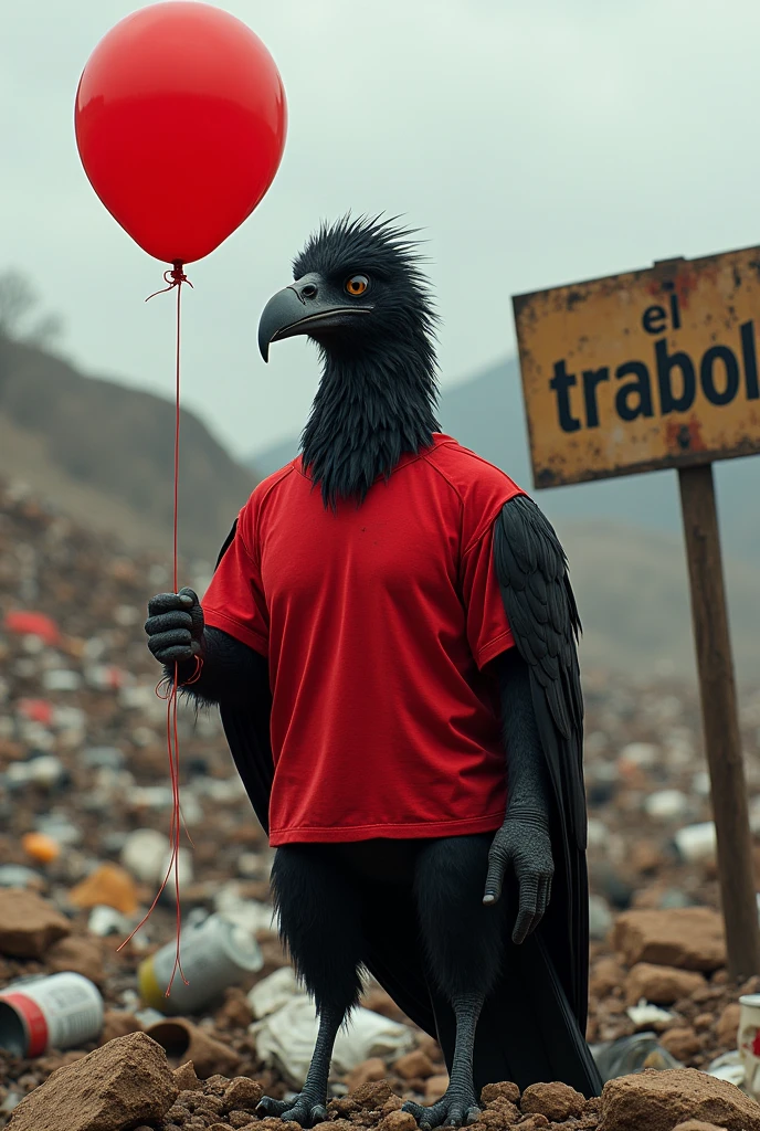 A black buzzard wearing a red T-shirt and holding a red ballon in a dump with a sign "EL TREBOL" on it