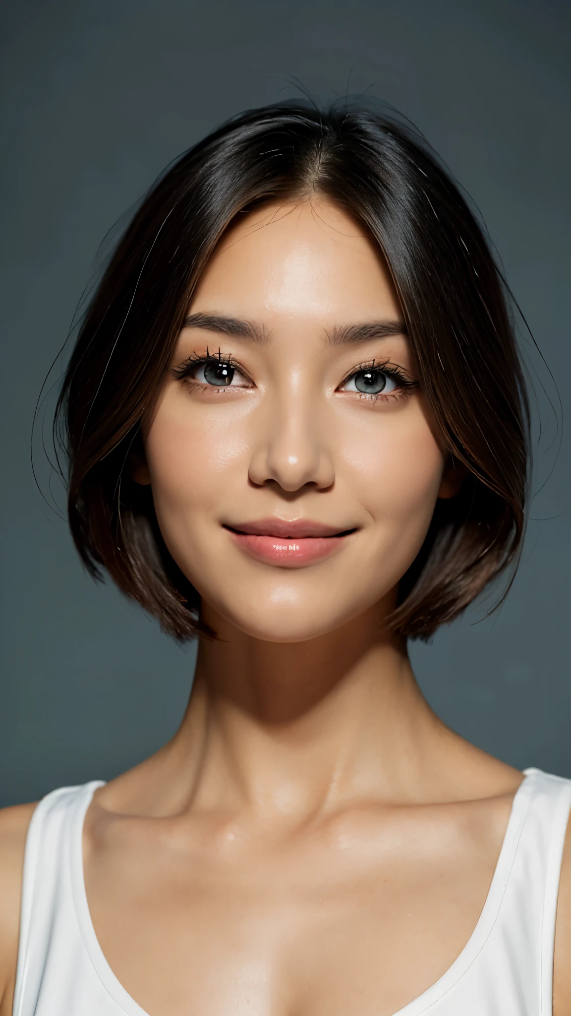 1 portrait face whiteboard background. symmetrical, centerweight, realistic skin, beautiful eyes、Shortcuts, Short Hair、smile