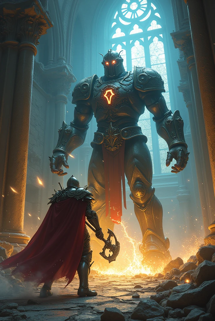 Crusader Paladin vs. Cursed Golem: A holy crusader paladin, adorned in radiant armor and wielding a blessed mace, clashes with a massive, cursed golem covered in runic symbols and dark energy. The setting is an ancient, ruined cathedral with eerie, flickering lights.