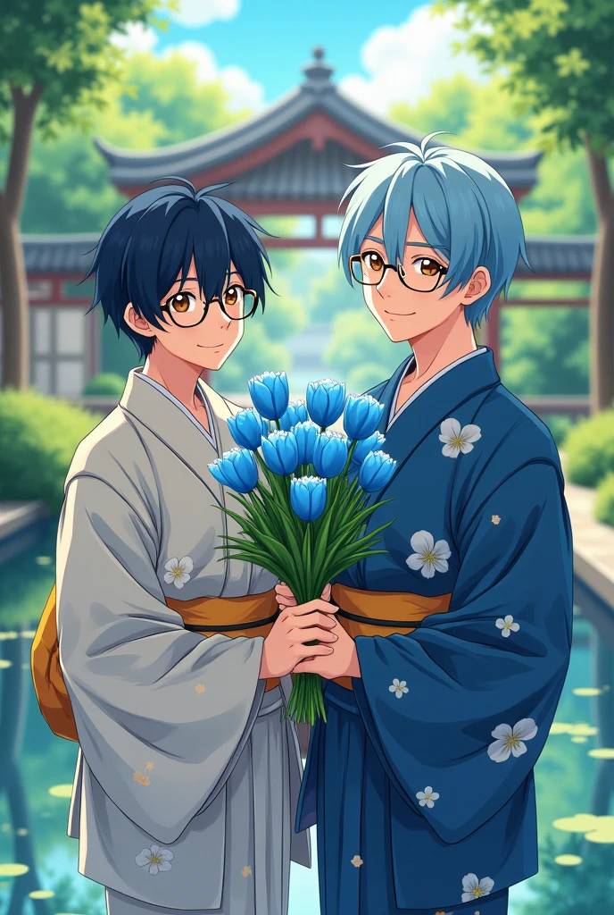 Create a gibli studio image of two men in yukata, One with navy blue hair and the other with light blue hair and holding a bouquet of blue tulips in his hand, that both have glasses and brown eyes, the background that is an environment in Japan 