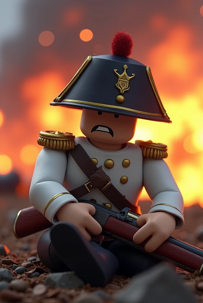 A roblox character in a napoleonic wars wearing white soldier uniform,1800s austrian infantry Shako headgear, sitting down with his musket rifle, exhausted and tired fighting, realistic fear expression with forehead shadow in a side face while the background Is total explosive war